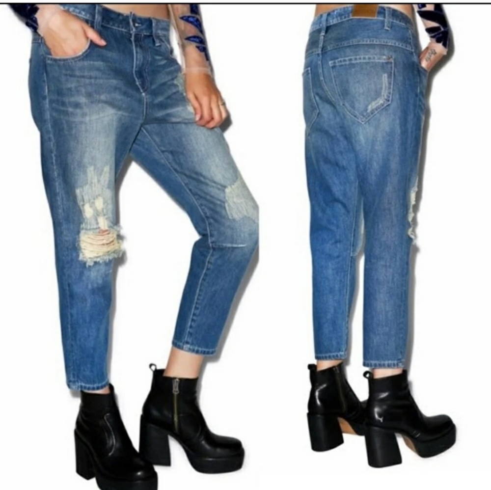 Wildfox Worn Out Boyfriend Baggy Crop Jeans Rigid Denim Distressed Seamed Sz 25